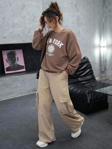 SHEIN 少女杏色圆领套装，工装裤，休闲校园风，秋季 - 彩色 - 查看 6