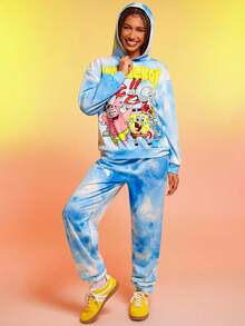 SpongeBob SquarePants | SHEIN 2件套女士休闲扎染卡通图案连帽衫和裤子套装，秋季 - 藍色 - 查看 4