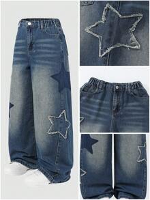 Tween Girls Y2K 休闲松紧腰星星刺绣水洗蓝阴影磨损下摆阔腿宽松百搭百搭日常穿着四季热销直筒牛仔裤，街头服饰 - 中等水洗藍 - 查看 2
