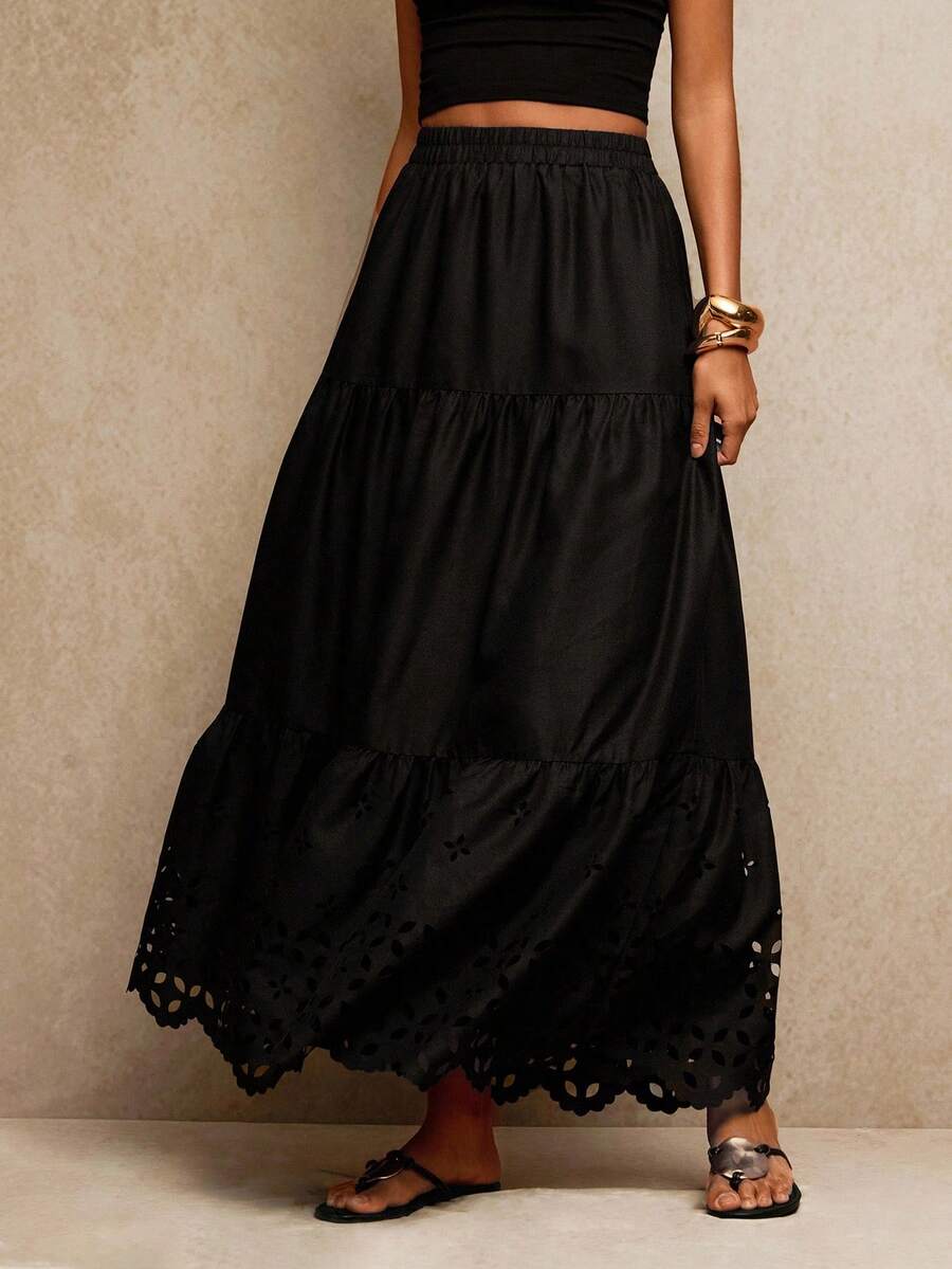 Travachic Women's Elegant Embroidered Black Long Skirt,Boho Skirts,Casual,Vacation,Holiday,Autumn,Winter,Wedding Guest,Luxury Prom,Christmas Party,New Year - Black - View 1