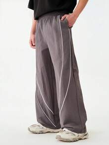 SHEIN 1 Quần ống đứng phong cách Mỹ cổ điển, dáng rộng thoải mái, thiết kế sọc bất đối xứng độc đáo, thích hợp cho hoạt động ngoài trời, trượt ván, lễ hội âm nhạc, khiêu vũ đường phố, trường học, mọi mùa - Xám - Xem 7