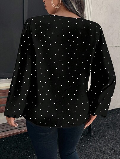 EMERY ROSE Plus Size Women's Elegant Minimalist Black And White Polka Dot Print Long Sleeve Shirt,Office Autumn Blouse Top,Back To School Teacher's Day Vacation