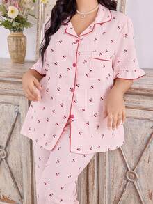 CottageSlumber Plus Size Women Cherry Plaid Print Pocket Ruffle Trim Short Sleeve Pajama Set, Spring/Summer/Autumn - Multicolor - View 5