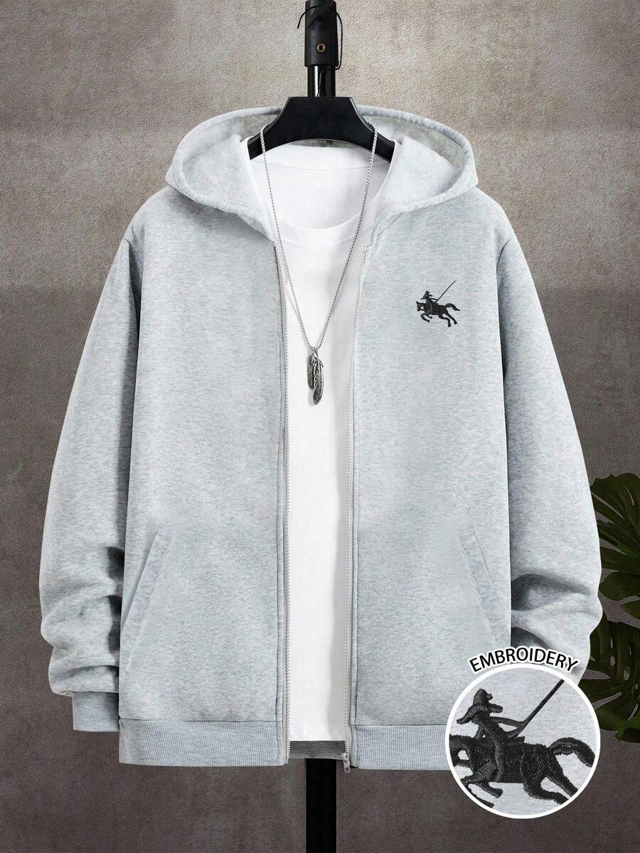 Light Grey Hooded Embroidered Knight Jacket For Teenage Boys, Minimalist Light Grey Tone With Refined Knight Embroidery Accent, Loose Fit Suitable For Campus, Daily, And Street Wear, Youthful And Fall Winter