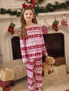 بيجامات بناتية بياقة طاقم وأكمام طويلة مطبوعة بطبعة عيد الميلاد الأيرلندية الوردية - وردي - مشاهدة 4