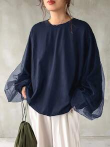 FRIFUL Women's Casual Thickened 2 In 1 Mesh Contrast Sweatshirt, Fall/Winter - Navy Blue - View 3