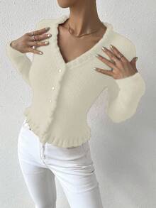 EMERY ROSE Lässige einfarbige Rüschen-Saum Passform Strickjacke, Herbst/Winter