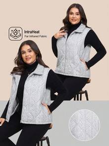 SHEIN LUNE 大码女式拉链前开襟休闲口袋宽松背心外套，秋冬季万圣节圣诞节万圣节服装女式休闲日常穿着，商务休闲教师装 - 灰色 - 查看 13