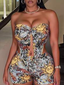 Slaydiva 2025 Summer New Arrival Halter Twist Hem Crop Top And Bodycon Shorts Set, Bohemian Sunflower Print, Suitable For Birthday Party, Back To School, Daily Casual, Vacation, Cruise, Beach, Sunbathing, 2-Piece Outfit For Women