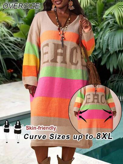 SHEIN CURVE+ 大码女式圆领宽松中长款针织毛衣裙，带彩虹条纹和字母，女装秋装，冬季，CURVE PLUS/秋冬