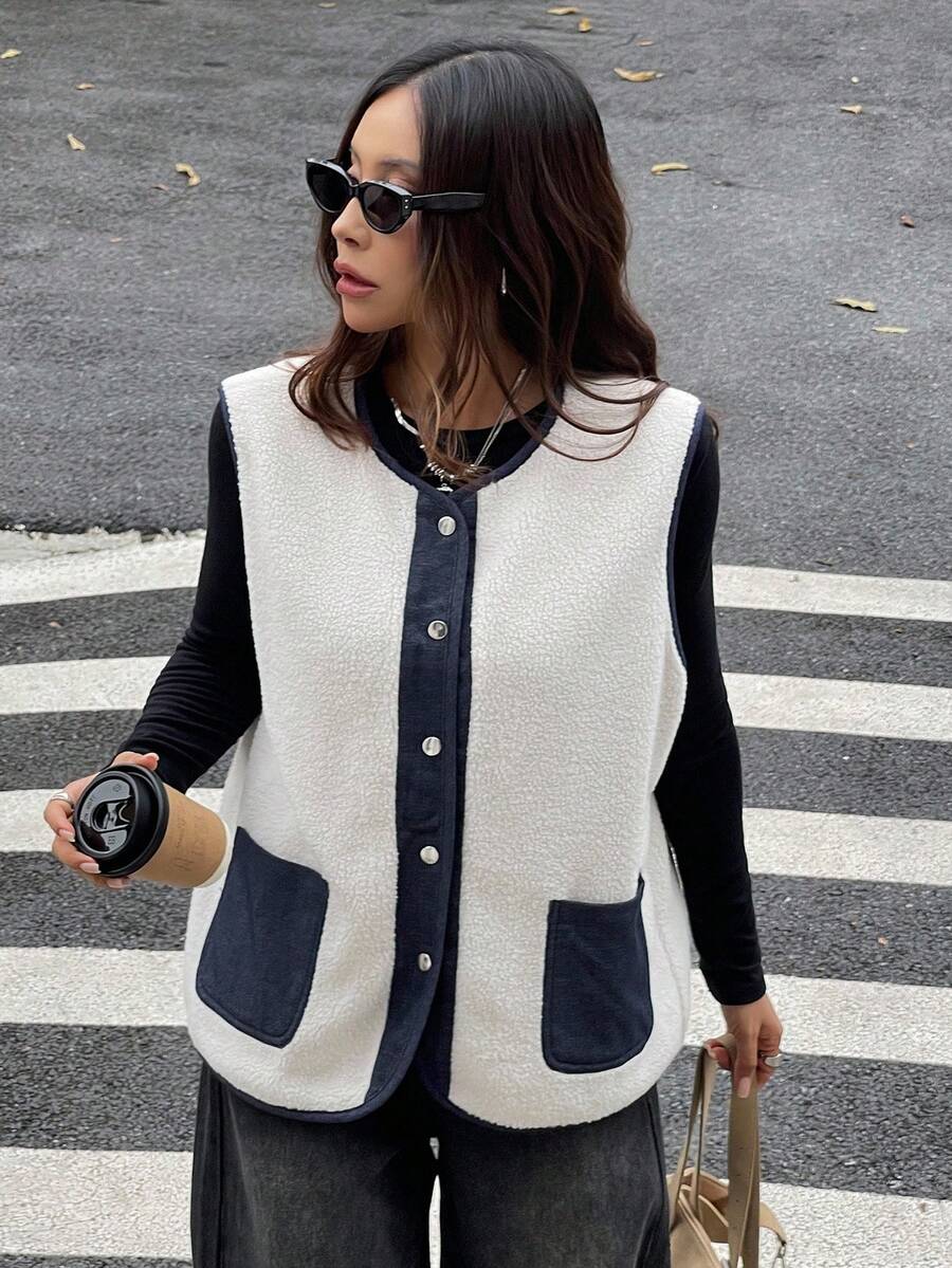 Livesso Chaleco/chaqueta de mujer con cuello redondo, manga corta, parches de piel sintética para el otoño - Beis - Ver 1