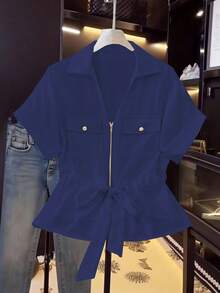 Franclia Damen V-Ausschnitt Reißverschluss Kordelzug Lässig Kurzarm Bluse - Königsblau - Übersicht 3