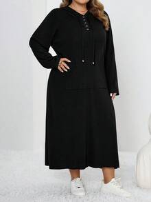 SHEIN CURVE+ Black Hooded Long Sleeve Button Collar Fitted Sweatshirt Dress, Casual All-Match Pocketed Sweatshirt Dress For Autumn/Winter - Black - View 9