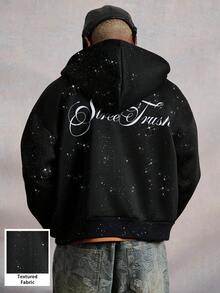 PAVTROS Manfinity Streetrush Men's Cropped Black Zip-Up Cardigan Sweatshirt With Thermal Lined, Sequin Fabric And Graphic, Starry Sky Pattern, Streetwear For Autumn And Winter, Halloween Clothing, INS Streetwear, Men Clothes, Men Cardigan Sweatshirt, Style, Rapper Clothing, Boy Friend Gifts Black Graphic Jacket Star Jacket Sparkly Top Men - Black - View 1