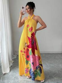 Elenzga Váy Maxi Hoa Chữ A Không Tay Buộc Phía Trước, Thanh Lịch & Lãng Mạn, Phong Cách Kỳ Nghỉ - Nhiều màu - Xem 6
