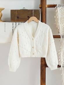 SHEIN Vintaside Kids Áo khoác len dài tay dệt kim tối giản thời trang cho bé gái, áo khoác cardigan màu trắng thu đông, áo khoác cardigan cho bé gái, áo len cardigan cho bé gái, áo len cardigan mùa thu cho bé gái, áo khoác cardigan mùa đông cho bé gái 7 tuổi, áo khoác cardigan cài nút. - trắng - Xem 1
