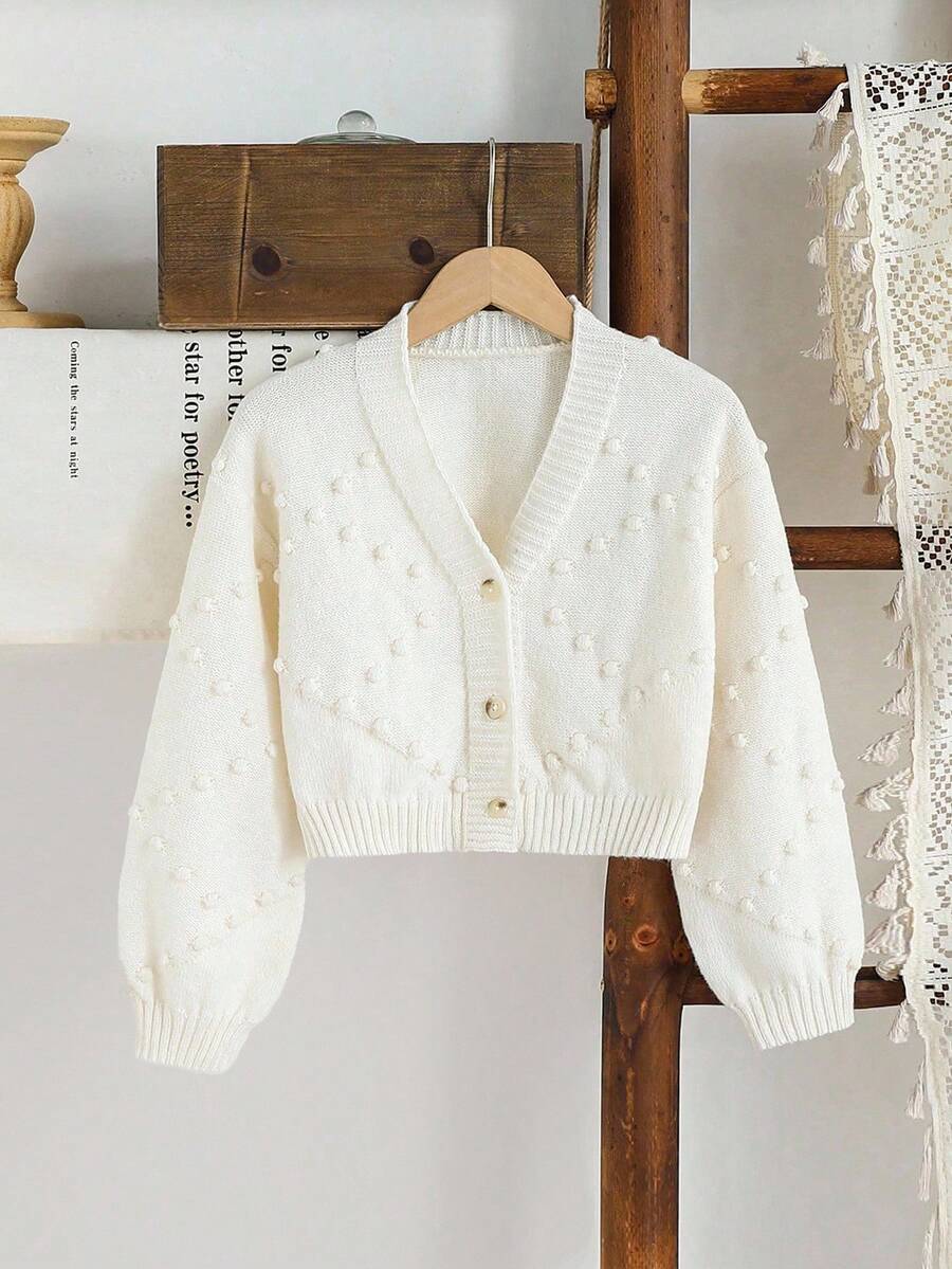 SHEIN Vintaside Kids Áo khoác len dài tay dệt kim tối giản thời trang cho bé gái, áo khoác cardigan màu trắng thu đông, áo khoác cardigan cho bé gái, áo len cardigan cho bé gái, áo len cardigan mùa thu cho bé gái, áo khoác cardigan mùa đông cho bé gái 7 tuổi, áo khoác cardigan cài nút. - trắng - Xem 1