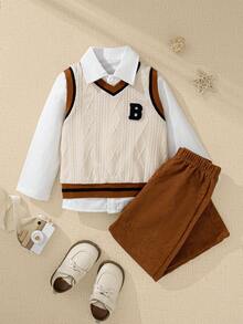 Souflis 4-7岁男童复古法式3件套：撞色针织提花背心+灯芯绒裤子+白衬衫，街头风/生日派对，秋冬 - 棕色 - 查看 7