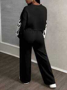 Slaydiva Women's Casual Street Style Loose Sports 2-Piece Set, Suitable For Autumn/Winter, Flame Print, Numeral Print, Black Figure Print,Street Chic,Fall