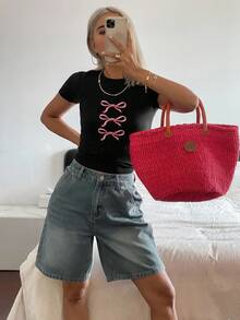 DAZY 女士猫须破洞直筒牛仔短裤 街头潮流 - 中等水洗藍 - 查看 5