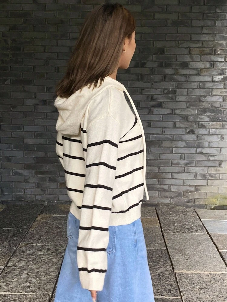 Contrast Stripe Loose Hooded Long Sleeve Casual Street Style Knit Cardigan For Women, Autumn/Winter