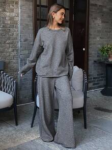 DAZY Women Solid Color Loose Crew Neck Long Sleeve Sweater And Straight Leg Pants Casual Street Wear Suit, Autumn/Winter