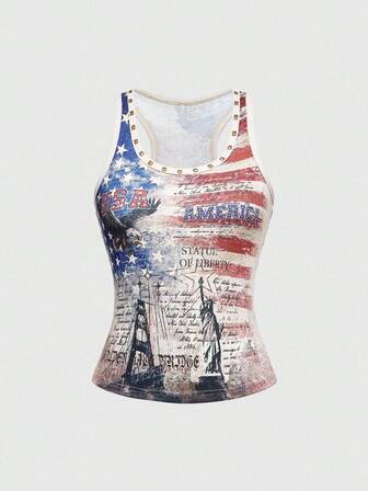 J-Fashion Canotta da donna con grafica retrò Y2K a tema bandiera americana, aquila e scritta in inglese