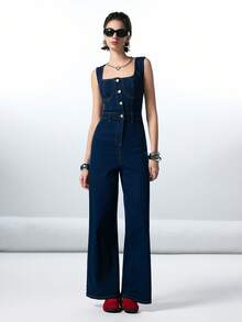 LYSMO 2025 Minimalist Autumn And Winter New Styles Casual Button Waist Sleeveless Women Denim Overalls/ Winter Clothes For Women/Women's Winter Denim Overalls /Christmas/Christmas Clothes /Christmas Outfit For Women/Christmas Women's Clothing /New Year Clothes / New Year Women /Clothes For New Year/ New Year Women's Clothes / Thanksgiving Outfit For Women/Thanksgiving Overalls/ Stylish Women's Denim Blouses / Stylish Clothing Collection /Denim Overalls/Waisted Denim Overalls/Y2K - Dark Wash - View 3