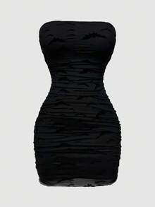 Sweetra Plus Size Bat Flocked Bandeau Christmas Dress - Black - View 3