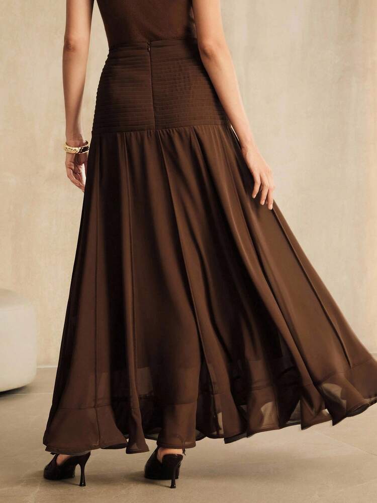 Elegant High Waist Pleated Chiffon Ruffle Hem Skirt, Brown, Suitable For Fall, Autumn, Summer, Elegant, Chic, Casual