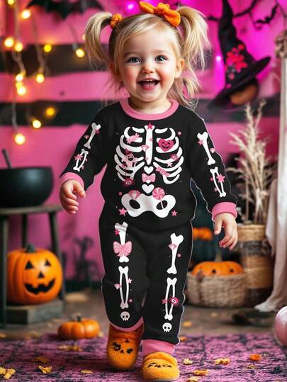 SHEIN Halloween Cute Skull Heart Bow Print Baby Girl Casual Comfortable Long Sleeve Pants Pajamas, Suitable For Autumn/Winter