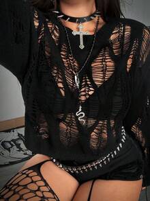 Whyspr Grunge Punk Plus Size Punk Style Round Neck Hollow Ripped Pullover Knit Sweater Knit Pullover Fall Winter Black See Through Top Autumn Halloween