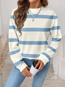 SHEIN LUNE Casual Minimalist Printed Pattern Crew Neck Loose Fit Women Sweatshirt,Fall Blue And White Striped Striped Sweater Striped Long Sleeve Fall Clothes For Women Winter Clothes Women - Multicolor - View 6