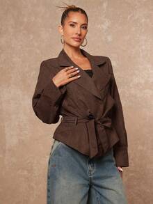 Lumalex 秋冬派对晚宴宴会低调奢华复古闪耀假日派对狂欢节郊游度假户外丰富层次婚礼季宴会成人礼压花腰果花图案腰带宽松女士风衣奢华舞会证件照宰牲节派对新年 - 巧克力棕 - 查看 10