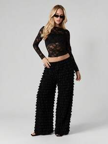 MISSGUIDED Wide Leg Tiered Ruffle Palazzo Pants With Lace Textured Fabric For Special Occasions And Evening Wear - Black - View 6