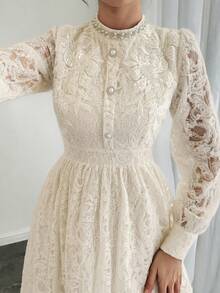 DAZY Sukienka z długim rękawem w stylu francuskim z koronką, nowa, ekskluzywna sukienka midi z marszczeniami w talii na jesień/zimę