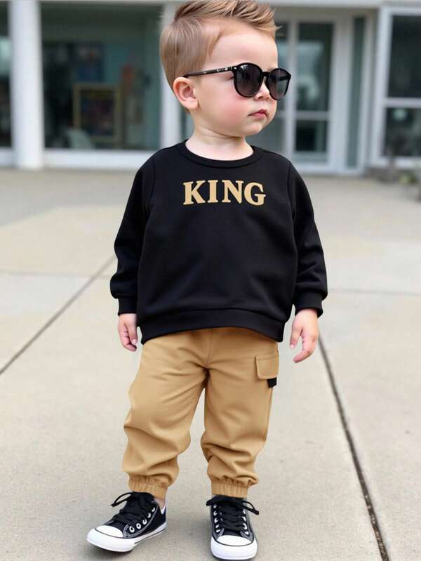 男婴/女婴休闲舒适百搭长袖字母印花针织上衣和抽绳裤套装，适合生日派对、洗礼、1 岁生日庆祝、晚会、表演、婚礼等场合