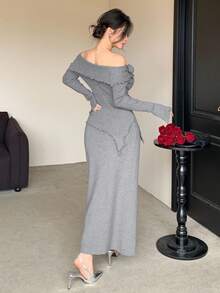 DAZY Women's Elegant Solid Color Off Shoulder 3D Flower Asymmetric Sweater & Skirt 2-Piece Set, Autumn - Grey - View 2