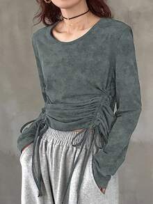 FRIFUL Women's Round Neck Long Sleeve Casual Loose T-Shirt With Drawstring Hem Gray Top Long Sleeve Top Cinched Waist Top Tie Up Top Ruched Top - Grey - View 5