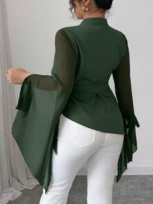 Elenzga Never Out Of Style: Gothic Prep With A Wednesday Twist. Embrace Your Inner Shadow Dark Feminine Fashion. Plus Size Cross V-Neck Tie Wrap Asymmetrical Chiffon Long Sleeve Design Asymmetrical Hem Bow Commuter Versatile French Elegant Black Blouse