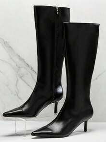 SHUZIA 女式中高跟简约基本款休闲日常舒适PU黑色高跟靴 - 黑色 - 查看 5