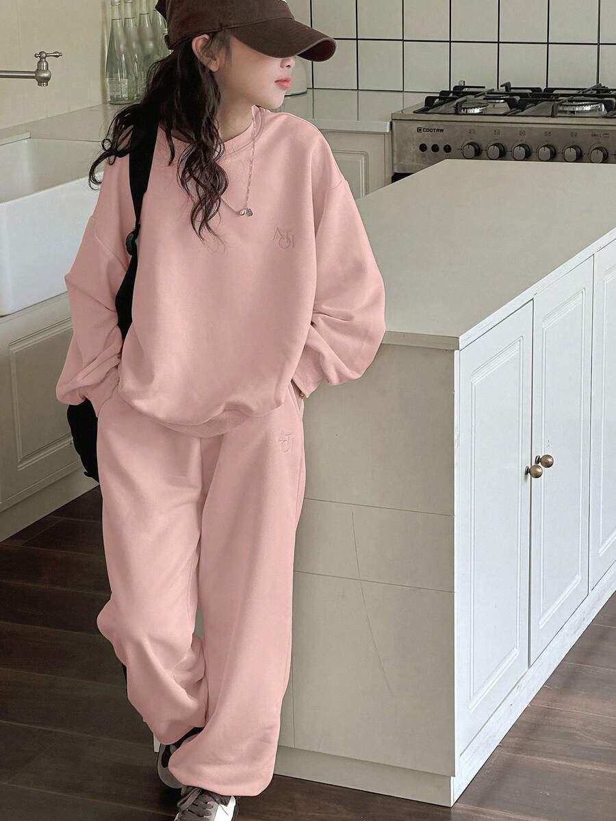 DAZY 2pcs/Set Tween Girls Crew Neck Letter Embroidery Sweatshirt Outfit, Fall - Dusty Pink - View 1