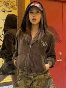 DAZY 女士休闲字母刺绣卫衣，秋季外套连帽衫 - 棕色 - 查看 5