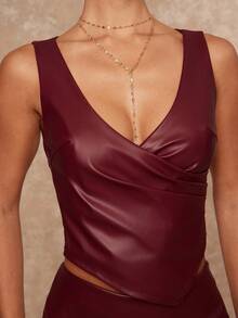 Lumalex Fall/Winter Collection Winter Clothes For Women 2pcs/Set Women Faux Leather V-Neck Sleeveless Criss-Cross Ruched Bodycon High Waist Outfit Red Leather Dress Burgundy Dress Maroon Dress Red Wine Dress Rouche Dress Luxury Evening Everyday Glamorous Outfit, Party, Going Out, Dates Essential, Birthday Gift, Teacher's Outfit, Business Casual, Women's Luxury Coats, Elegant Outfit For Women, New Year's Outfit Eve