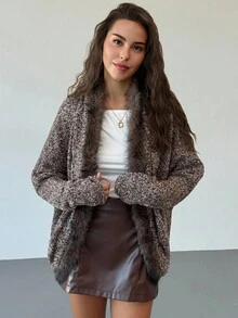 Aloruh Women's Casual Bat Wing Sleeve Patchwork Furry Trim Open Front Jacket, Autumn/Winter - Grey - View 5