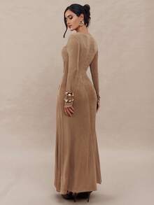 Modelyn 女式花卉装饰V领长袖扭纹设计优雅连衣裙 - 棕色 - 查看 7