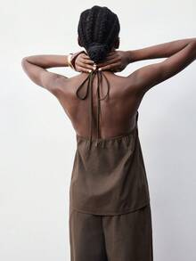 Maija Coffee Brown,Summer,Chic,Vacation,Holiday Women Backless Crop Top & High Waisted Wide Leg Pants Matching Set,Urban Minimalist Old Money Party Outfit - Brown - View 5