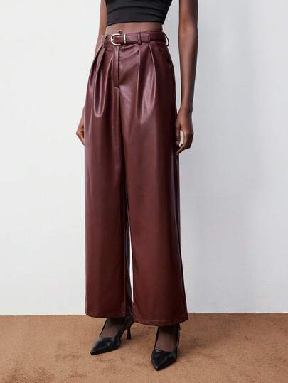 Maija 2025 Autumn/Winter New Burgundy & Berry Pleated Waist With Belt, Side Pockets, Glossy PU Leather Women's Pants, Elegant Urban, Suitable For Work, Weddings, Parties, Concerts, Brunch, Airport, Halloween, Christmas, National Day, New Year, Versatile Casual Leather Trousers