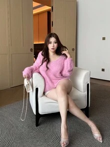 Flirla Suéter rosa con lentejuelas brillantes de moda para mujer de talla grande de otoño/invierno - Rosa - Ver 5