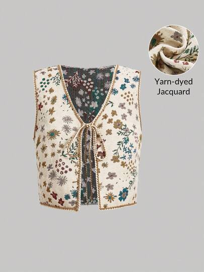 SHEIN MOD Women's Jacquard Belted Vest Boho Jacket, Front Lace-Up, Floral Pattern In Fall/Winter